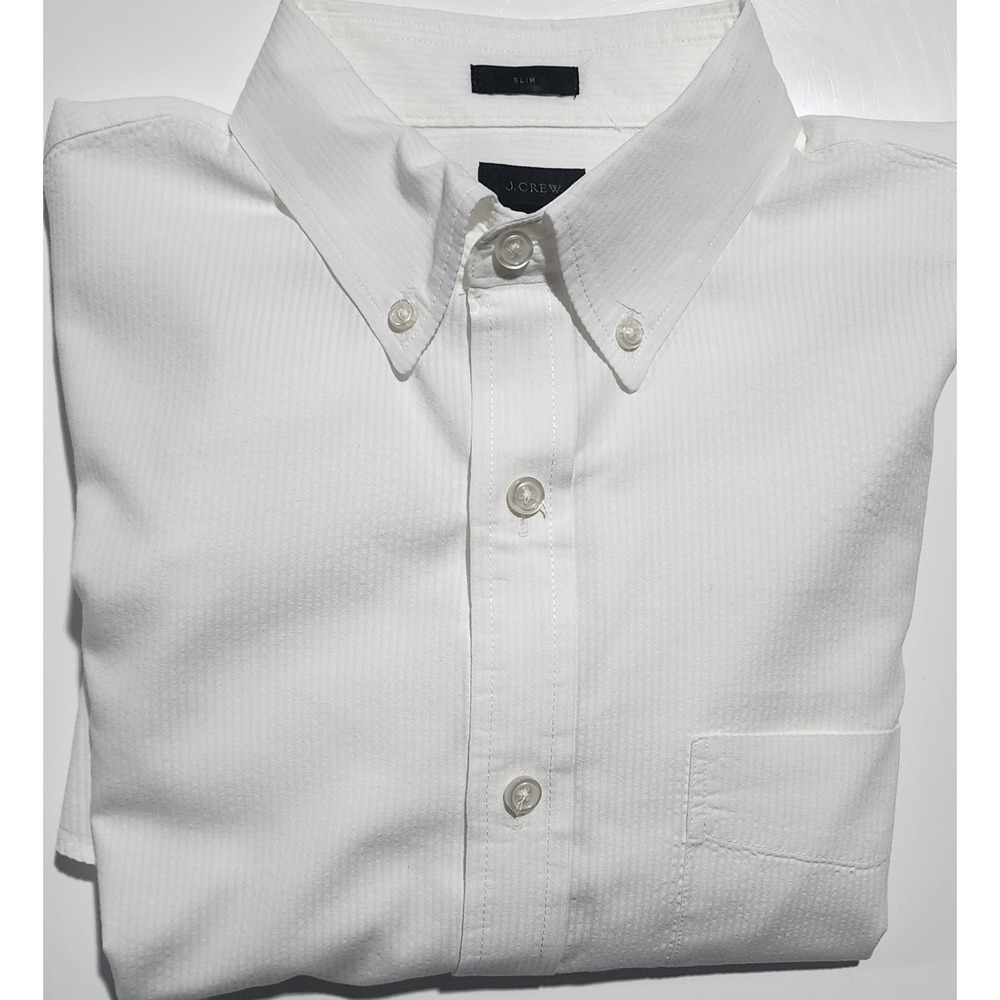J. Crew Men's White Slim-Fit Cotton Seersucker Button Up Shirt Size Medium
